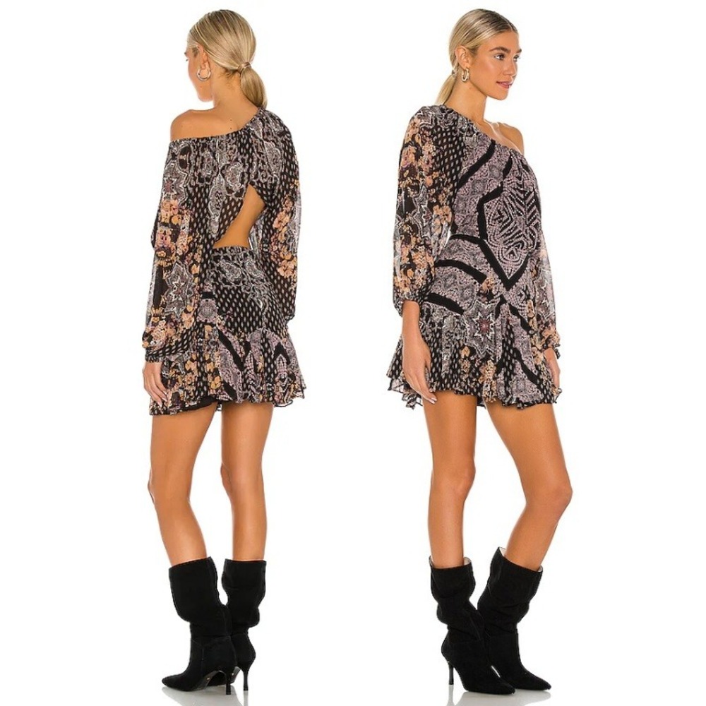 Free People Seven Wonders Mini Dress Black Paisley Boho Size Large NWT - Picture 2 of 10